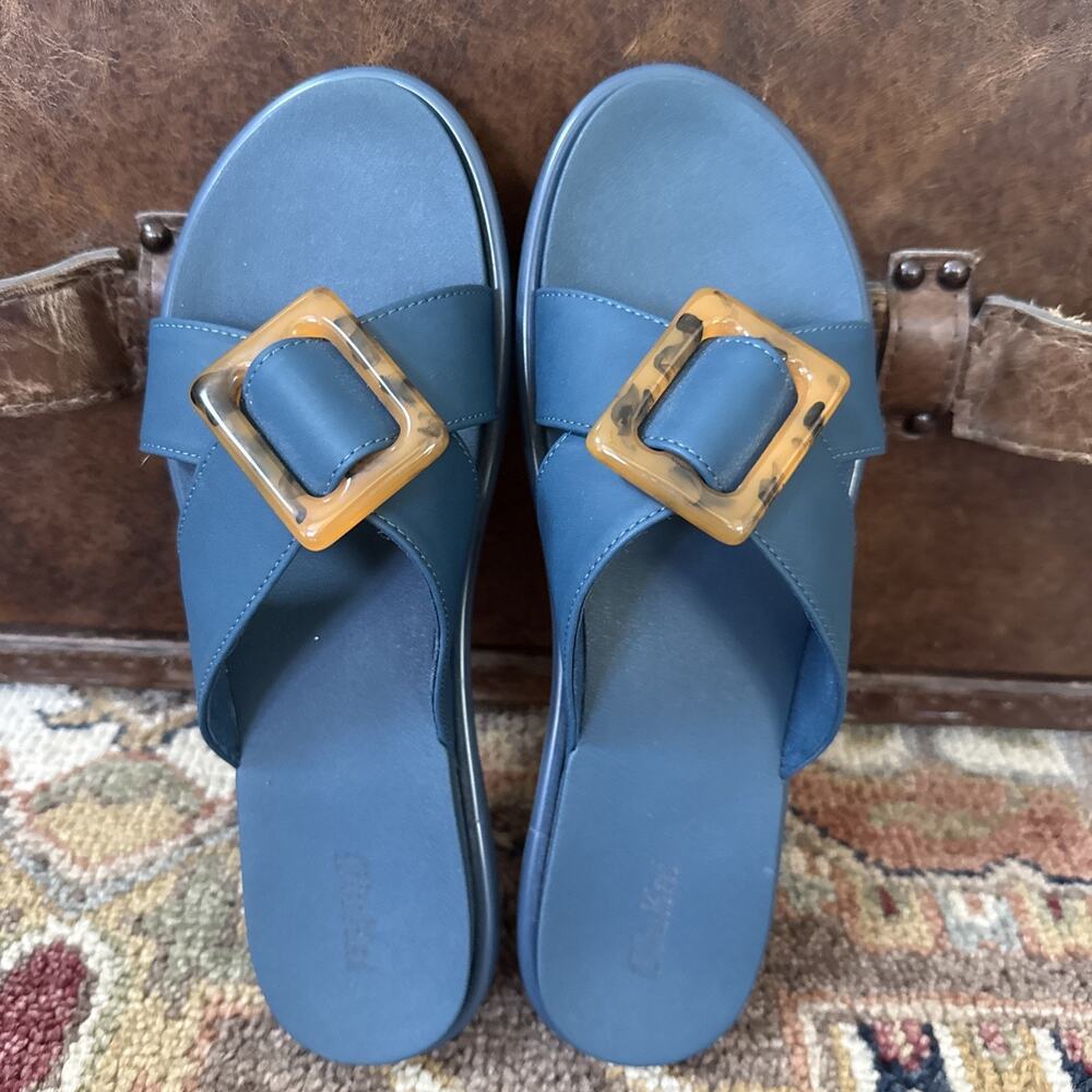 Olukai La'i Slide Comfort Sandals Women's Size 10 Blue w/Tortoise Shell Buckle